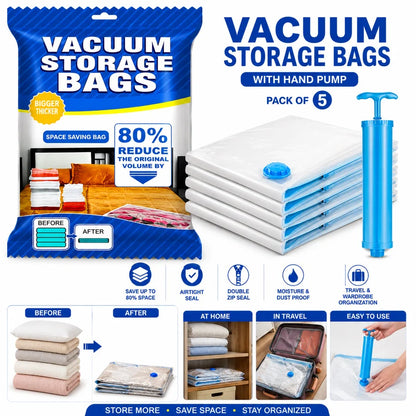 Vacuum Storage Bags with Hand Pump | Space-Saving Compression Bags for Clothes, Blankets & Bedding | 5-Pack
