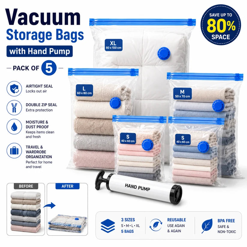 Vacuum Storage Bags with Hand Pump | Space-Saving Compression Bags for Clothes, Blankets & Bedding | 5-Pack