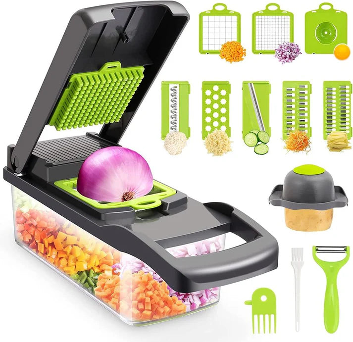 Veggie slicer 16 pieces (Gray, 1) 16 pieces hand operated vegetable slicer, veggie chopper, food chopper, onion cutter.