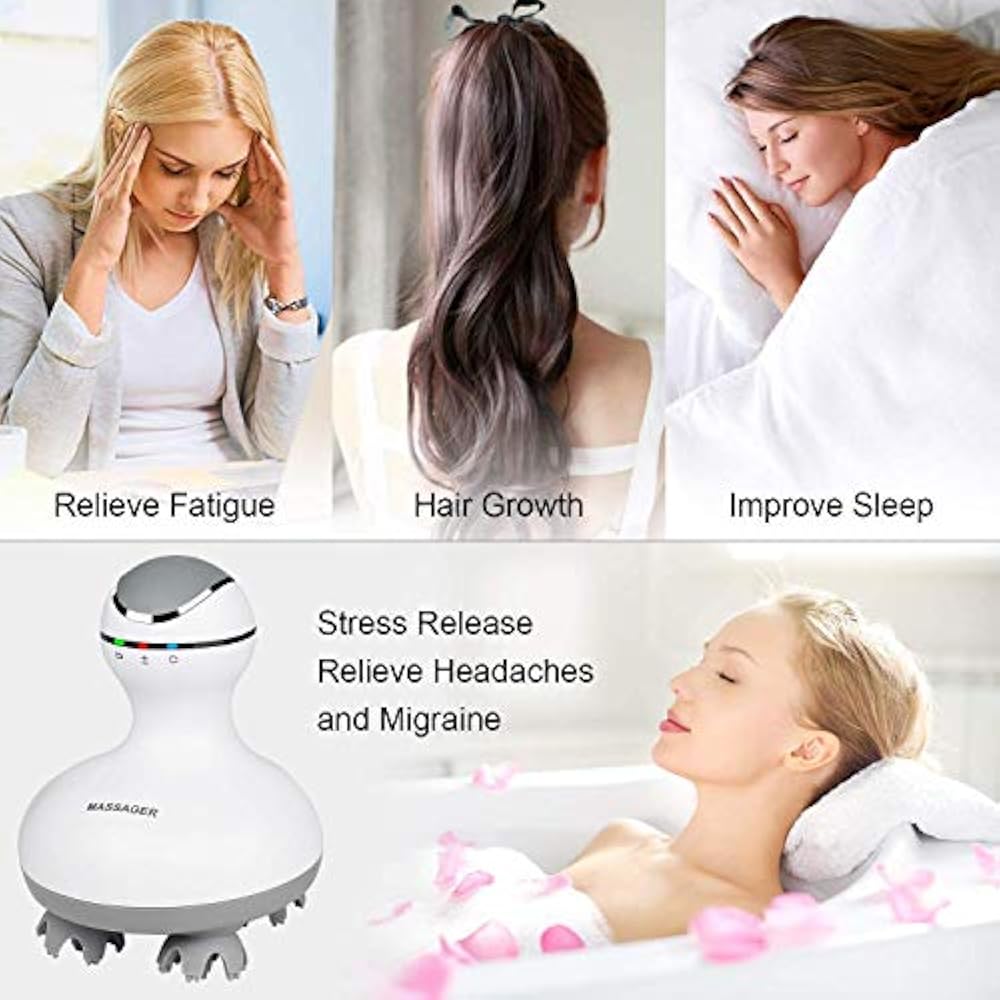 Electric Scalp Head & Back Massager, Cordless Hair Massage Waterproof Head Massager With 4 Heads 84 Nodes For Hair Growth, Stress Relief & Deep Clean, Gifts For Men Women, White