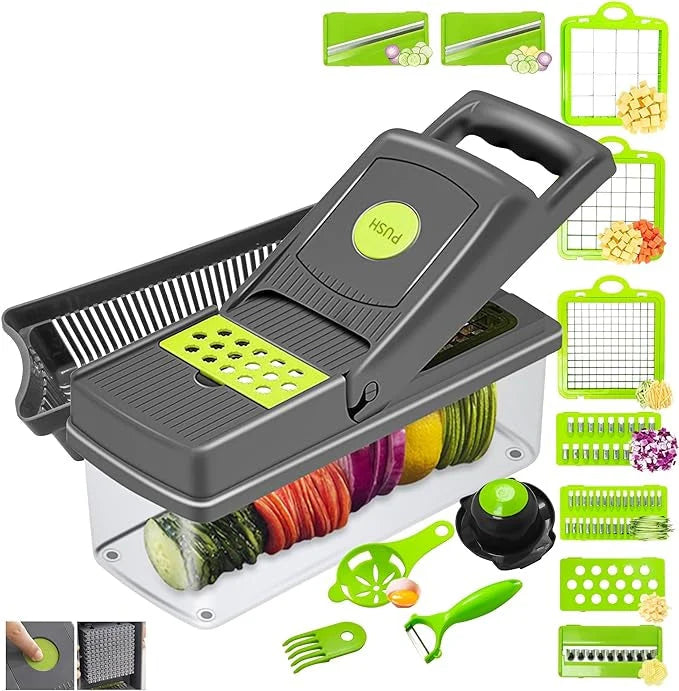 Veggie slicer 16 pieces (Gray, 1) 16 pieces hand operated vegetable slicer, veggie chopper, food chopper, onion cutter.