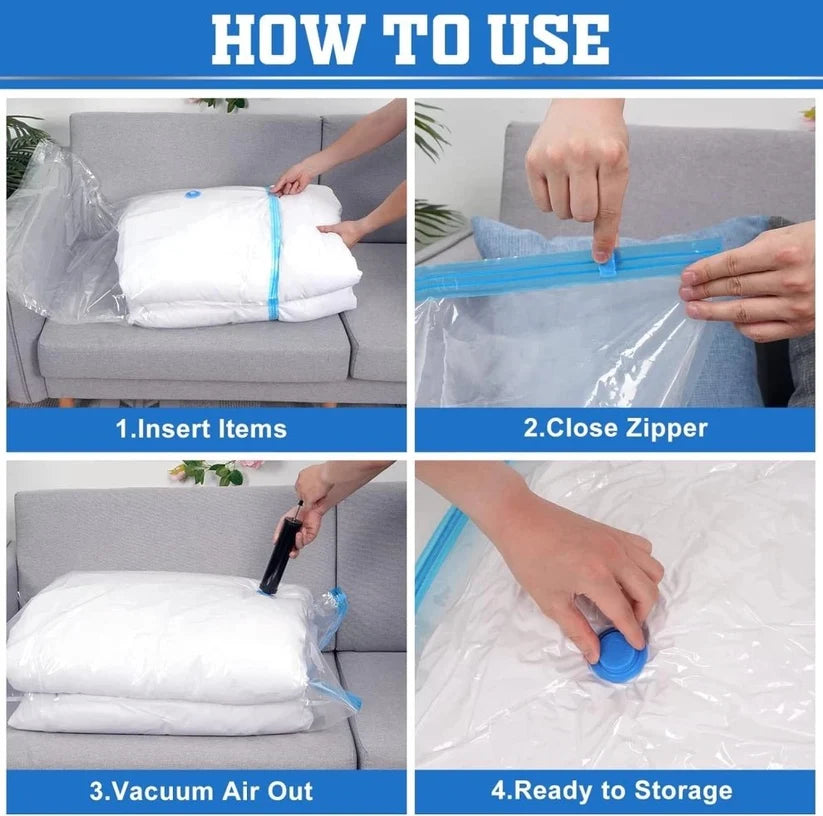 Vacuum Storage Bags with Hand Pump | Space-Saving Compression Bags for Clothes, Blankets & Bedding | 5-Pack